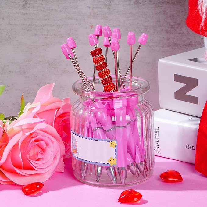 jiebor 30Pcs Pink Beadable Pens Valentines Day Plastic Bead Pen Black Ink Ballpoint Pens Diy Pens Cute Cool Pens for Teacher Bridal Graduation Gift Office Supplies