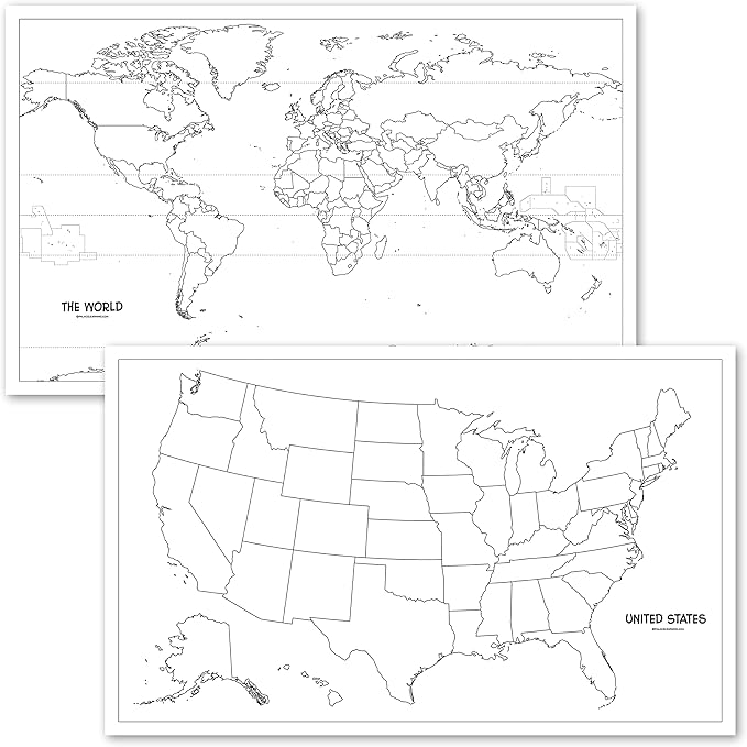 2 Pack - USA & World Map Blank Outline Posters - LAMINATED, 18" x 29" - (Wet Erase Markers Only)