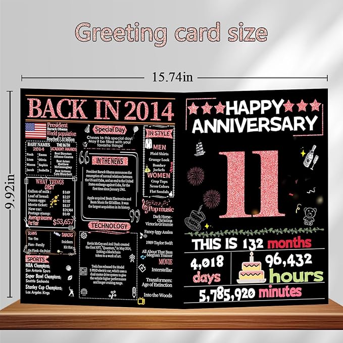 Joycard 11th Anniversary Card for Women, Wedding Card for Wife, Sweet Marriage Decorations Gifts for Couple, Perfect for Her on Anniversary Day, Back in 2014