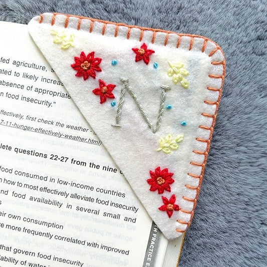 Personalized Hand Embroidered Corner Bookmark, Bookmarks for Women, Personalized Bookmark for Books, Cute Flower Book Mark, Hand Stitch Gift for Women for Book Lovers by HNQCPCVU (N, White)