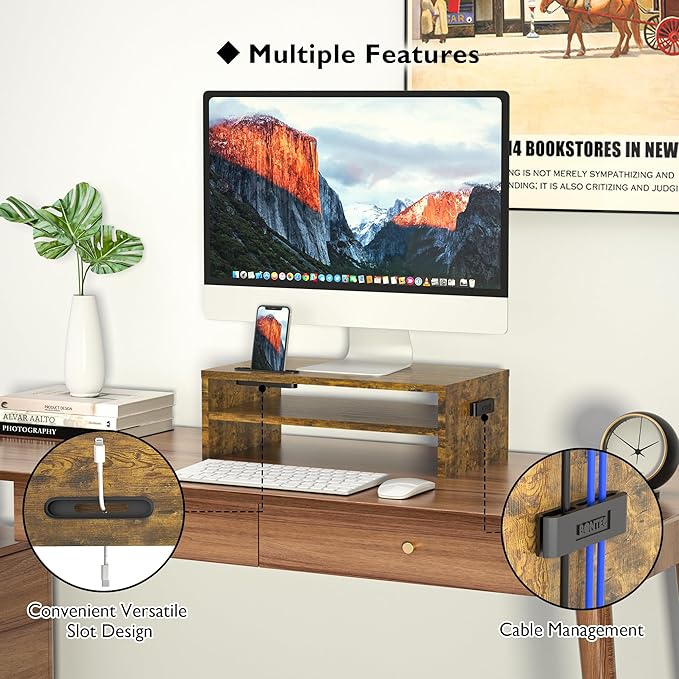 BONTEC Monitor Stand Riser, 2 Tiers Wood Monitor Riser Stand with Storage Organizer, Desktop Ergonomic Monitor Stand Riser with Cellphone Holder and Cable Management, 16.5 Inch Shelf, Vintage Brown