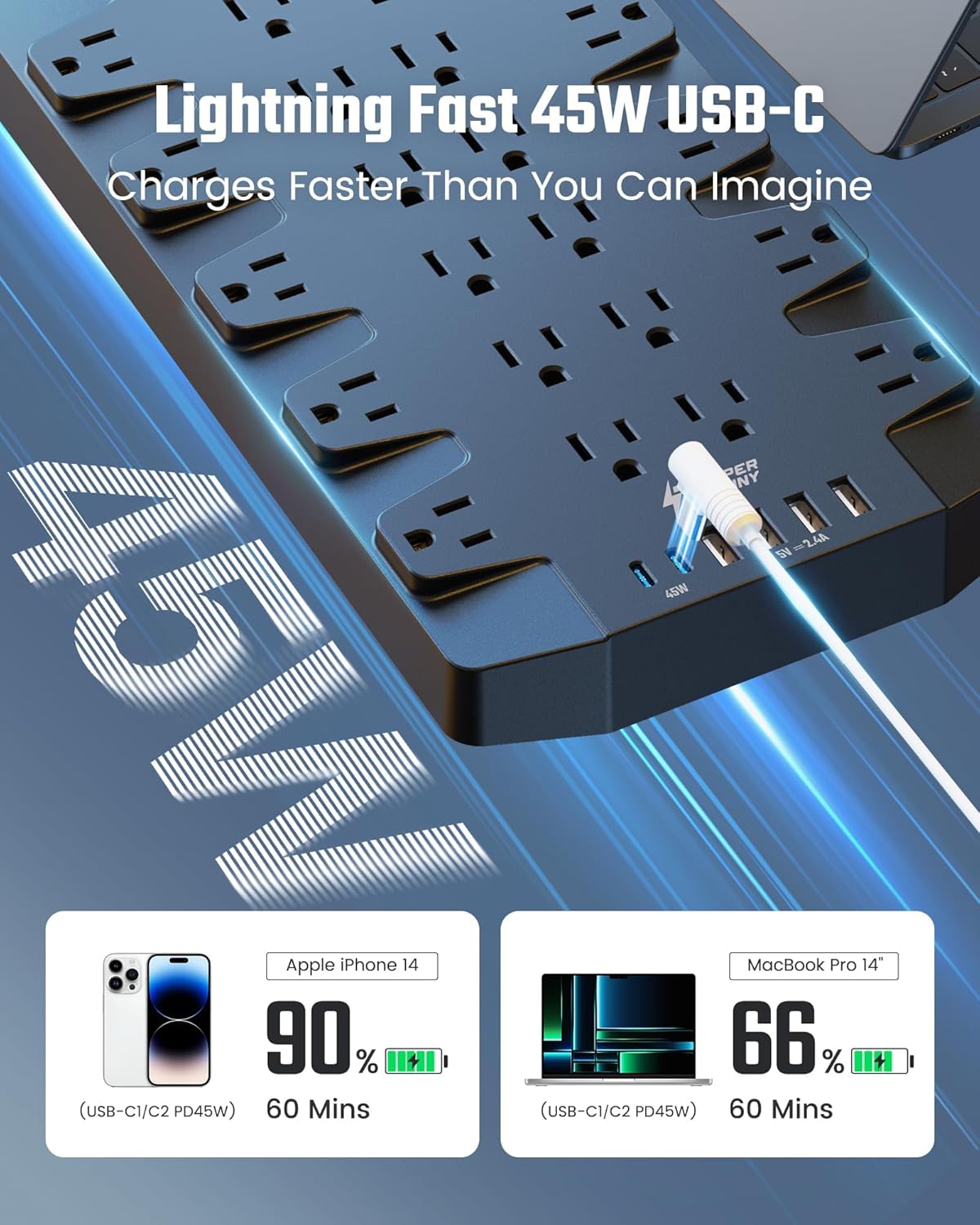 PD 45W Fast Charging Power Strip Surge Protector with 22 Outlet + 6 USB Port, SUPERDANNY 1875W/15A, 2100J, 6.5ft 45° Plug Mountable Extension Cord for Home,Office,Dorm,Gaming,PC,Streaming