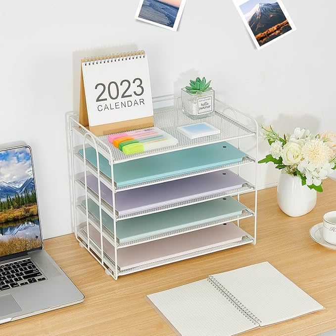 5 Tier Mesh Paper Letter Tray Organizer, Desktop Mail Sorter Office Supplies Organizer for Desk, Desk Organizers and Accessories (White)