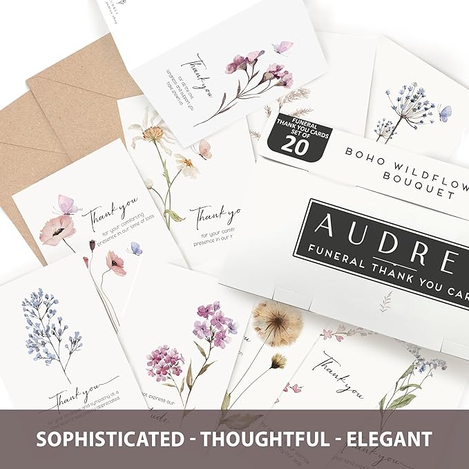 AUDREE 20 Pcs Funeral Thank You Cards with Envelopes Message Inside and Matching Stickers - Bulk 4×6 Watercolor Single Flowers Bereavement Thank You Cards For Funeral