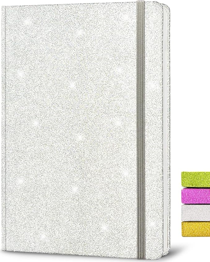 Silver Glitter Notebook, 8.3x5.7” 160 Lined Pages Glitter Never Peel Off Sparkle Journal for Girls College Ruled A5 Hardcover Notebooks for Teens Women Writing Note Taking Office Work School Gifts