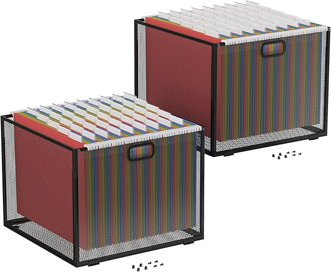 Oterri Hanging File Organizer, Metal File Organizer, Portable Desktop File Organizer for Letter Size Folder, Mesh Hanging File Crate for Office,Folders Not Included(Cool Black-Large,2 Pack)