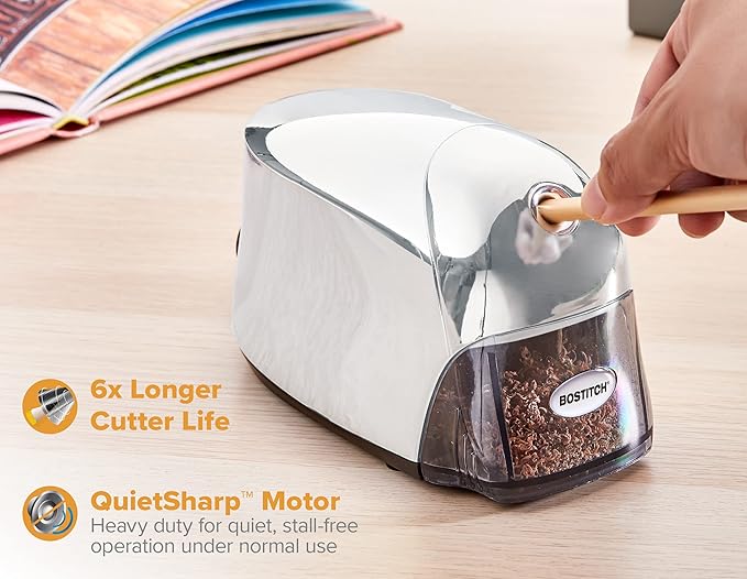 Bostitch Office QuietSharp Executive Heavy Duty Electric Pencil Sharpener for 65% Faster Sharpening and 6X Longer Cutter Life - Colored Pencil Compatible, Gold Chrome