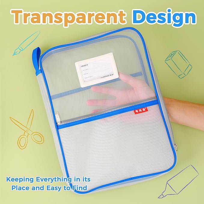 Pendancy Mesh Zipper Pouch 14.8x10.8 in Transparent Lightweight Nylon File Folders, A4 Size Multi-Layer Subject Document Organizer Accessories Storage Bag for Office and School Supplies(4 PCS)