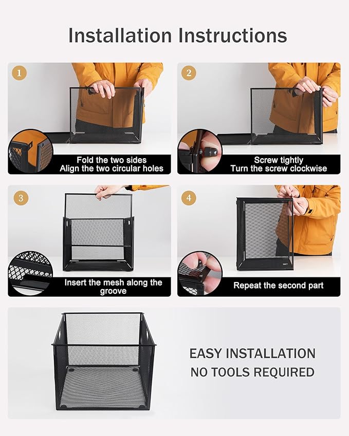 Oterri Hanging File Organizer, Metal File Organizer, Portable Desktop File Organizer for Letter Size Folder, Mesh Hanging File Crate for Office,Folders Not Included(Cool Black-Large,2 Pack)