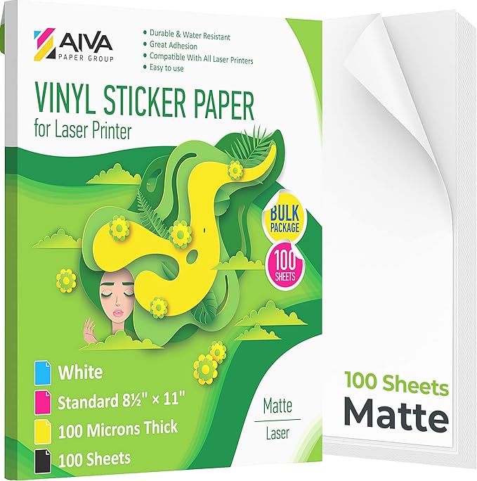 Printable Vinyl Sticker Paper for Laser Printer - Matte White - 100 Self-Adhesive Sheets - Waterproof Decal Paper - Standard Letter Size 8.5"x11"