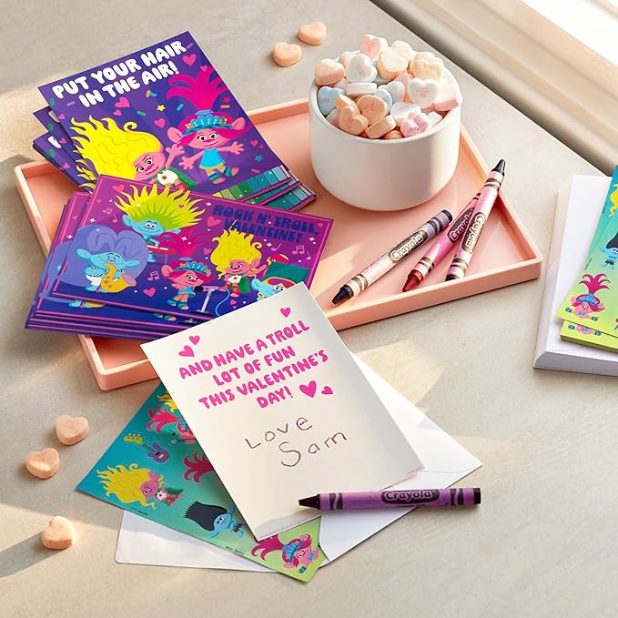 Hallmark Trolls Valentine's Day Cards Assortment for Kids (24 Valentine Cards, 24 Sticker Sheets and Envelopes)