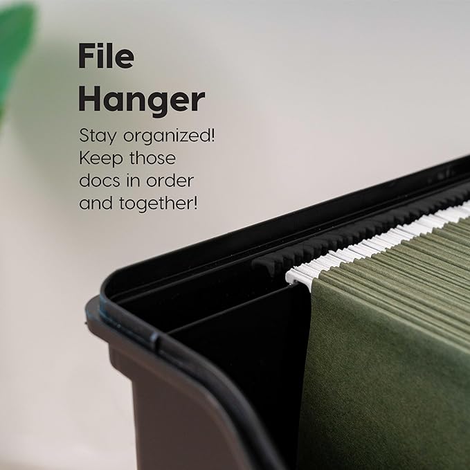 IRIS USA File Box with Lid File Organizer for Letter File w/ Organizer-Lid, Plastic Mobile Filing Organizer, Water Resistant Document Box, Portable File Box with Handle, Secure Buckle, Lockable, Black