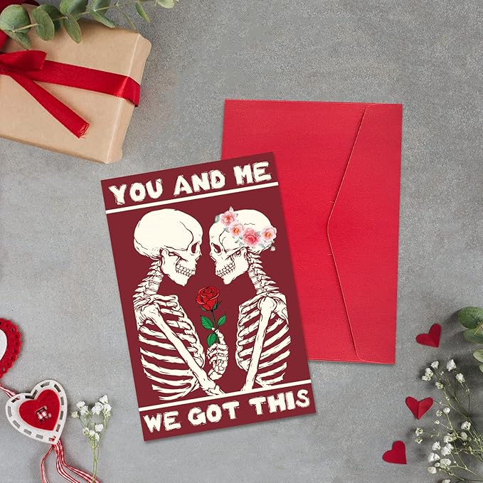 Funny Skeletons Valentines Day Card Gift, Gothic First Anniversary Card for Boyfriend Girlfriend, Unique Anniversary Card Gifts for Husband Wife