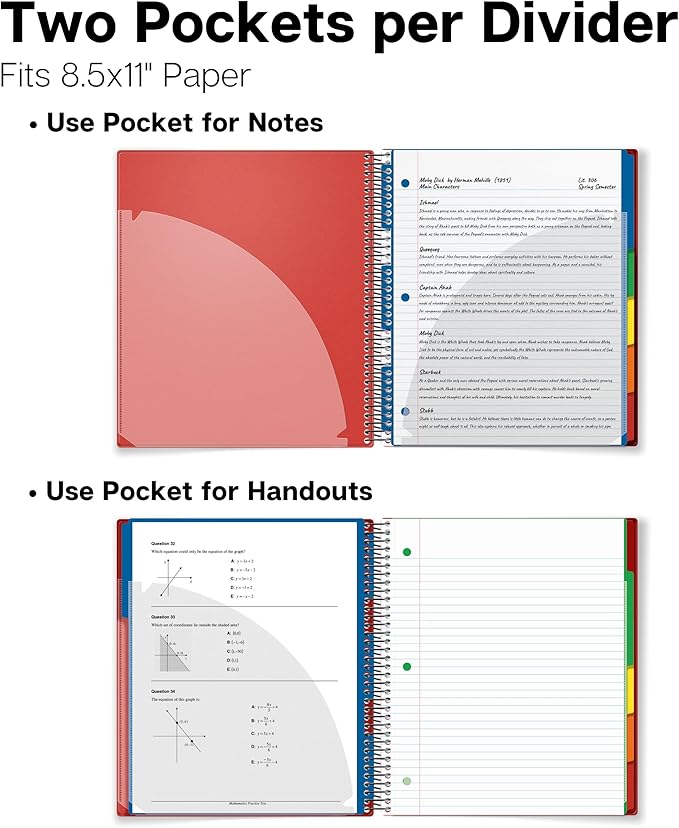Dunwell 5-Subject Spiral Notebook, College Ruled (Red), Colorful Movable Pocket Dividers with Tabs, Front/Back Plastic Covers, 200 Sheets (400 Pages) of 3-Hole Punch Perforated 8.5x11 Paper