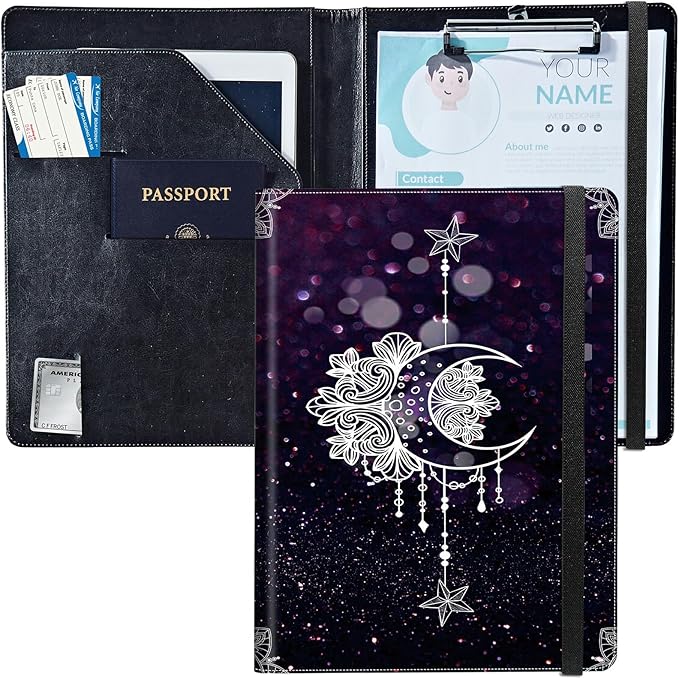 PU Leather Padfolio Clipboard Notepad with Pen Loop and Elastic Strap Interview/Resume Document Organizer for Business School Office,Moon Star Galaxy Florals
