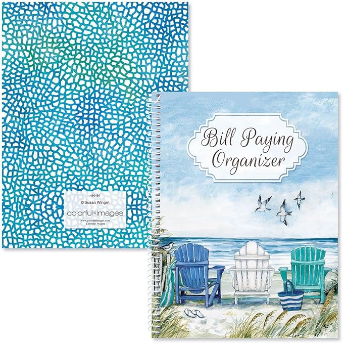 By The Sea Bill Paying Organizer Book - Personal Account book, 9" by 12 inch, Spiral-Bound, 14 Pockets, 32 Label Stickers, Bill Tracking