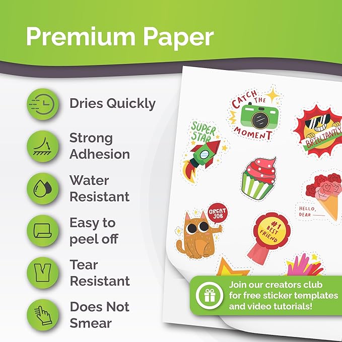 Premium Printable Vinyl Sticker Paper for Inkjet & Laser Printer - 34 Sheets Self-Adhesive Sheets Matte White Waterproof, Dries Quickly Vivid Colors, Holds Ink well- Tear Resistant