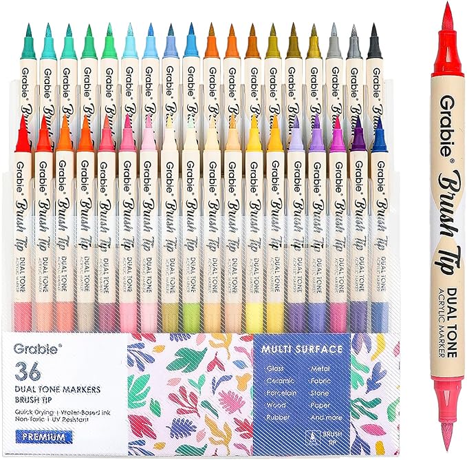 Grabie 72 Colors Paint Markers, Dual-Color Acrylic Pens with 36 Brush Tips, Double Tipped for Rocks & Art Supplies