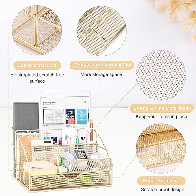 Gold Desk Organizers and Accessories, Gold Office Supplies with Mesh Desk Organizer, Acrylic Tape Dispenser and Stapler, Staples, Ballpoint Pen, Clips Set, Ruler, Scissor, Sticky Labels