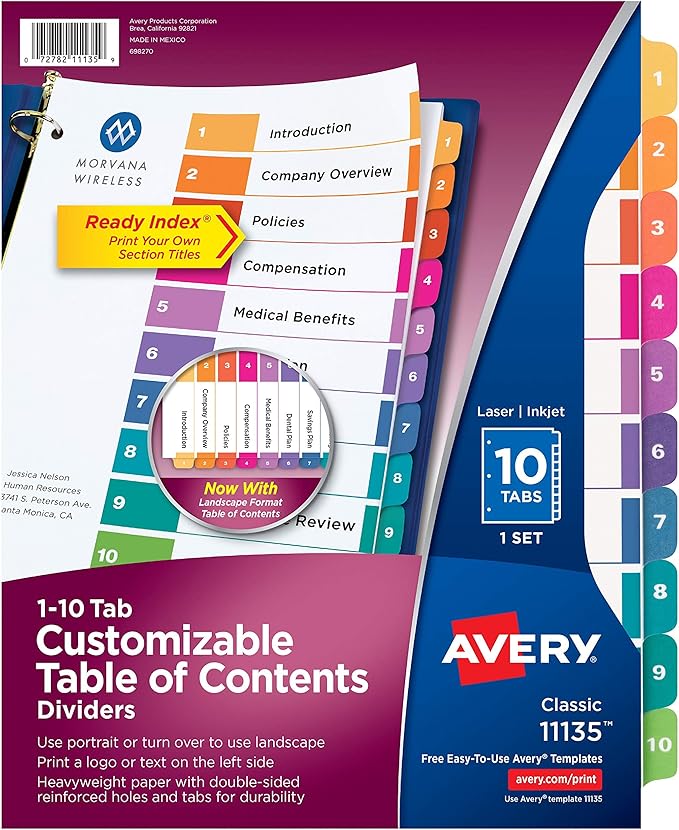 Avery 10 Tab Dividers for 3 Ring Binders, Customizable Table of Contents, Multicolor Tabs, 1 Set (11135)