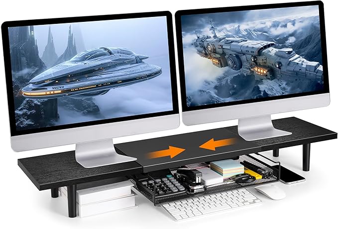 Dual-Computer-Monitor-Stand-Riser For Desk, Expandable Desk Shelf With Drawer For 2 Monitors, Desk Accessories & Workspace Organizers,TV Riser, Desktop Double Laptop Riser With Storage
