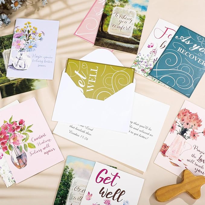 36 Sets Christian Get Well Soon Cards with Scripture Assorted Religious Bible Verse Wishing You Well Greeting Cards with Envelope(Printing Floral)