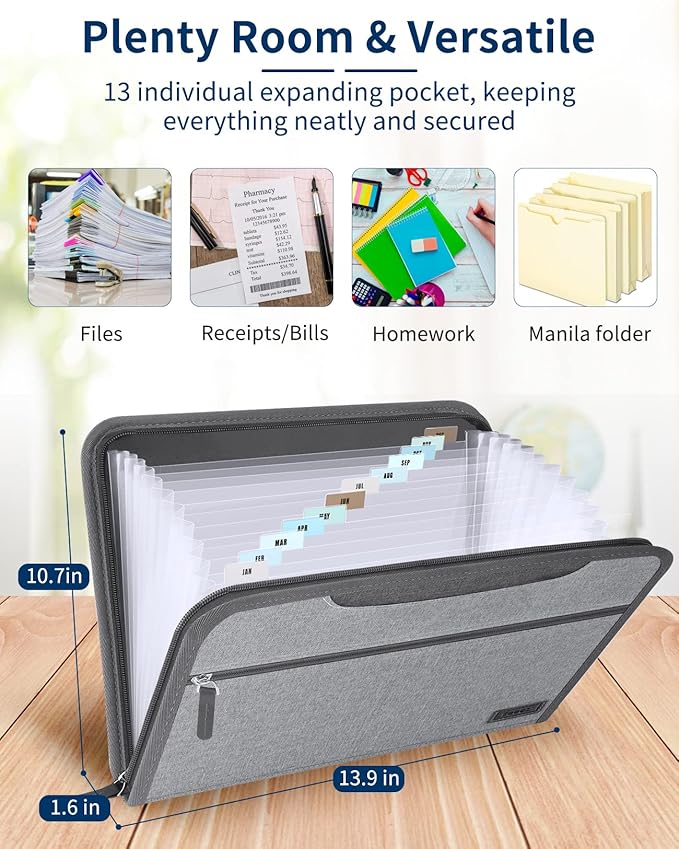 Sooez Heavy Duty Accordion File Organizer with Hidden Handle, Portable 12 Pockets Expanding File Folders, Cloth Monthly Bills Receipt Organizer for Letter/A4, School Classroom Home & Office Supplies