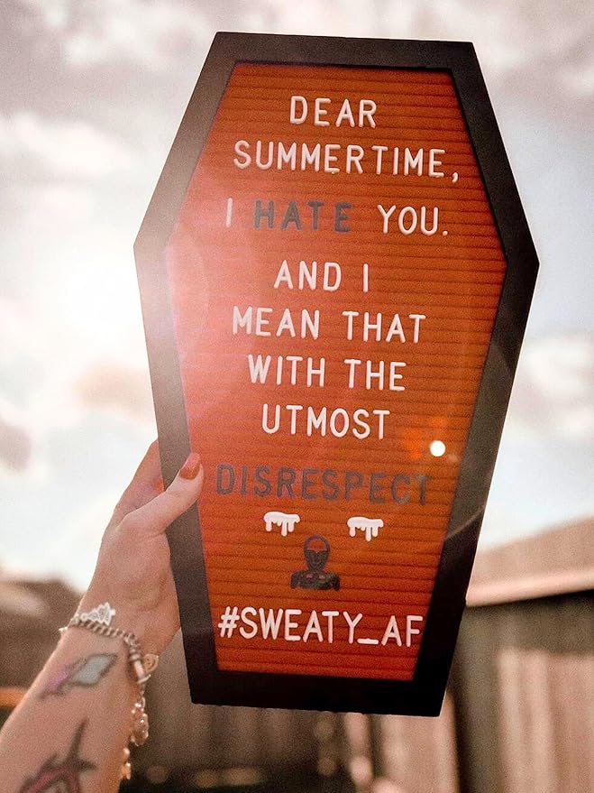 Coffin Letter Board Orange With Spooky Emojis +500 Characters, and Wooden Stand - 17x10.5 Inches - Gothic Halloween Decor Spooky Gifts Decorations