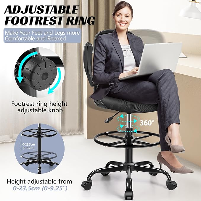Drafting Chair, Tall Office Chair Ergonomic Standing Desk Chair,with Adjustable Footrest Ring, 3D Lumbar Support, Flip-up Armrests, Swivel Desk Stool for Drawing Working (Black)