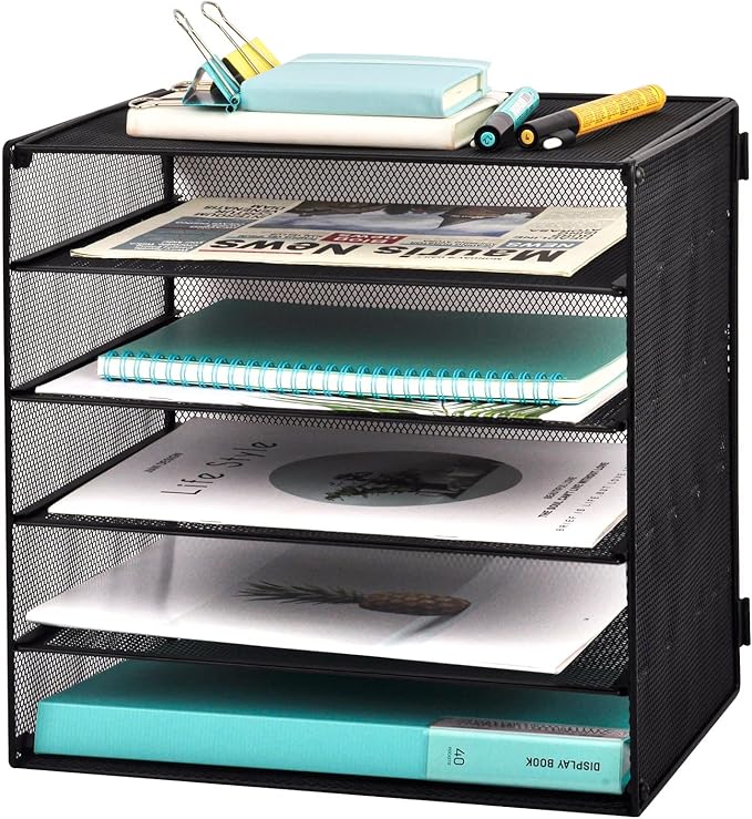 EASEPRES 5 Slot Mesh Desk Organizer Tray, File Paper Letter Folder Holder Desktop Paper Sorter Mail Organization Rack Storage Accessories, for Office Home School Classroom, Black