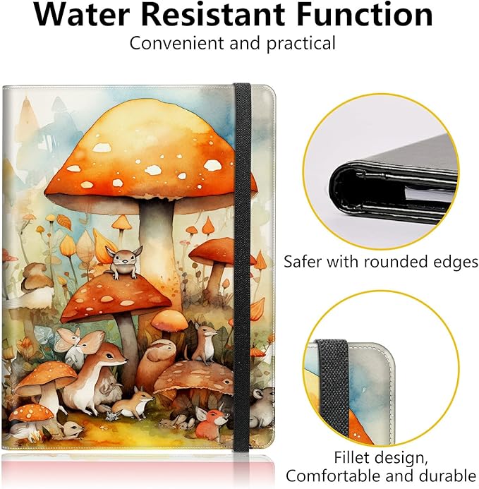 PU Leather Padfolio Folder Clipboard Portfolios Organizer Conference Document Organizer with Business Card Holder Storage Clipboard Writing Pad,Watercolor Mushroom