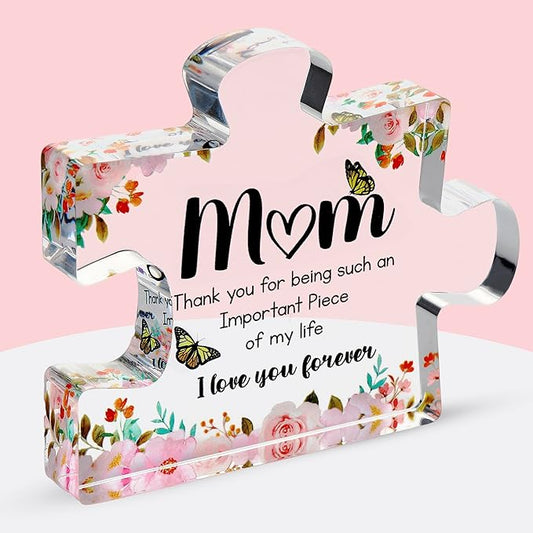 VELENTI Gifts for Mom - Cute Engraved Acrylic Block Puzzle Piece - Adorable Mum Gift from Son, Daughter - Fun Christmas, Mothers Day, Retirement Gift Idea - Fancy Decoration Piece for Home, Office