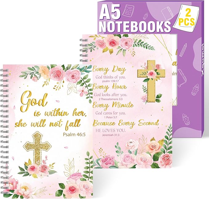 2 Pack A5 Floral Cross Religious Spiral Notebooks - She Will Not Fall Bible Verses Writing Notebooks, Ruled Hardbound Lined Journal, Christian Christmas Gift, Sunday School Supply (Pink Gold)