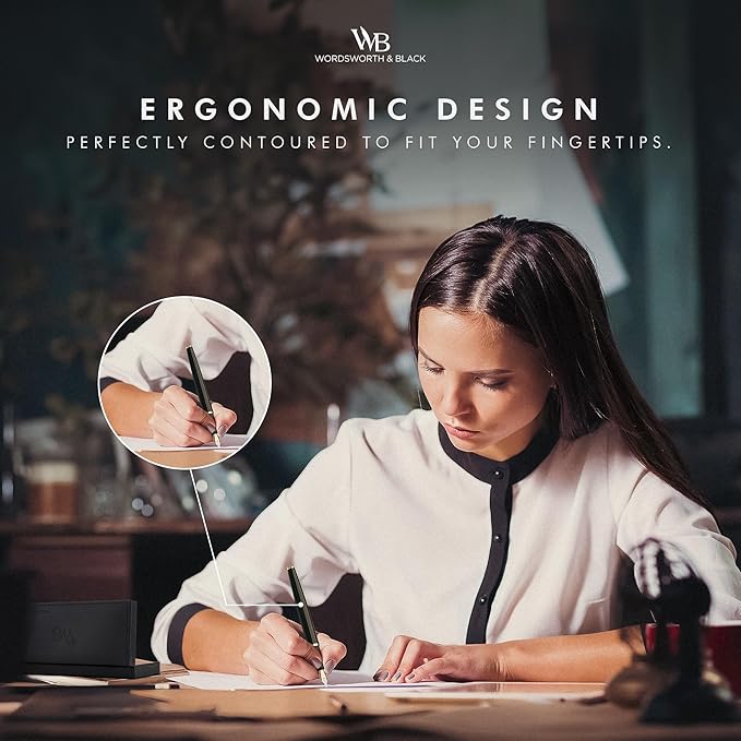 Wordsworth & Black Fountain Pen Set, Bent Nib, Includes 24 Pack Ink Cartridges, Ink Refill Converter & Gift Box, Calligraphy, [Racing Green], Perfect for Men & Women