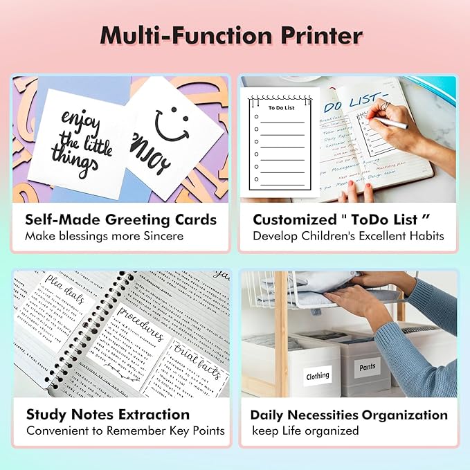 Mini Printer Sticker Printer Bluetooth for Phone Portable Thermal Print for Photo,Note,Journal,Memo,with 6 Rolls Thermal Paper（White）