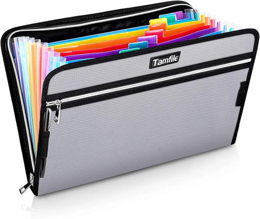 Fireproof Safe Waterproof Accordion File Bag Folder Expanding Filing Folder with 14 Multicolored Pockets, A4 Letter Size, Document Organizer Holder and Color Labels /2 Zipper (Silver 14.3" x 9.8")