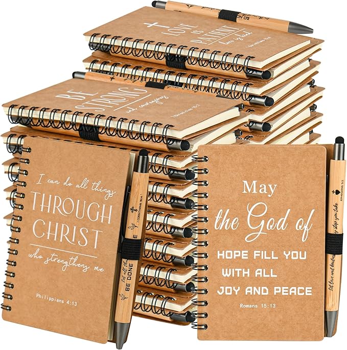 INSADA Christian Prayer Journal Spiral Notebooks Bulk with Pens - Small Notepads (4.13”x5.43”) - Easter Gifts for Women men,Church Members & Bible Study Groups (30 sets Brown)