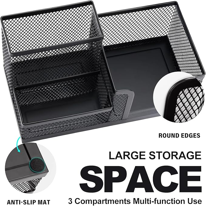 MaxGear Pen Holder for Desk - Black Metal Mesh Pencil Holder with 3 Compartments, Desktop Organizer with Non-Slip Mats, Office Supplies Organizer for School, Home & Workspace