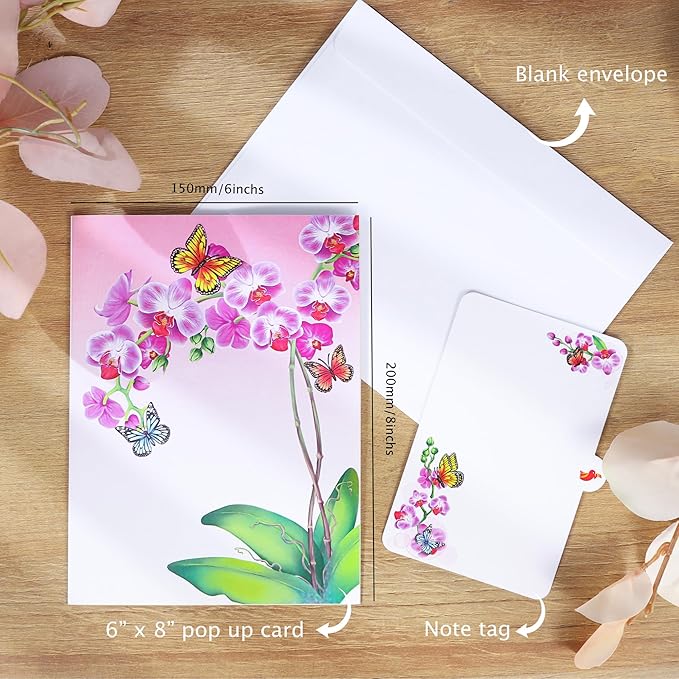 Pop Up Birthday Card for Women, Wife; Butterfly on Purple Orchid Mother's Day Card, 6"x 8" Gift Cards,Thinking of You, All Occasion for Her, Mom, Sister, Grandma, Daughter, Every Orchid Lover