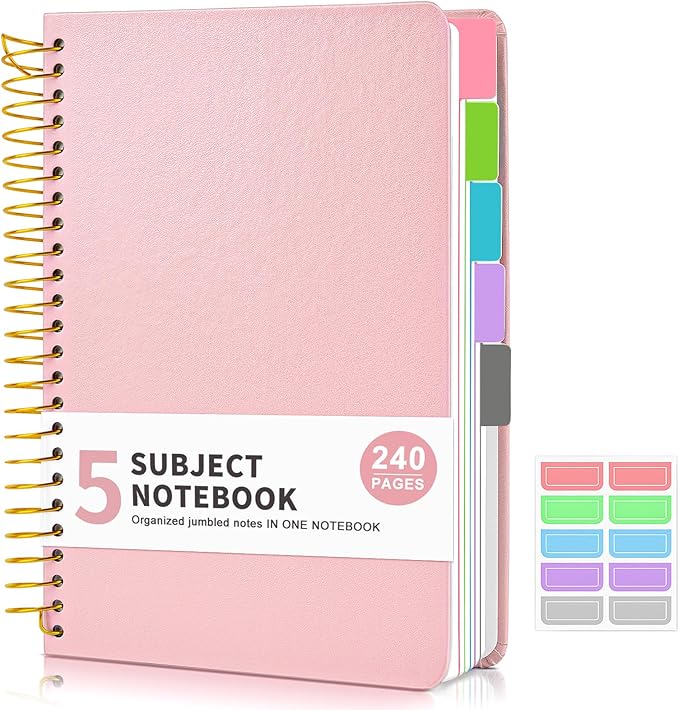 5 Subject Notebook College Ruled, Hardcover Spiral Notebook with Removable Pocket Dividers Tabs, 240 Pages Lined Spiral Journal Notebook for Women, 6x8.5 Notebooks for Work School Note taking A5 Pink