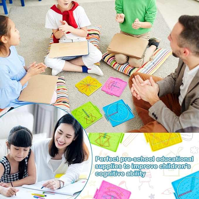 24 Pcs Double Sided Geoboard Mathematical Geoboards with Rubber Bands Math Manipulatives Toy for Geometry, 6.9 x 6.3 Inches