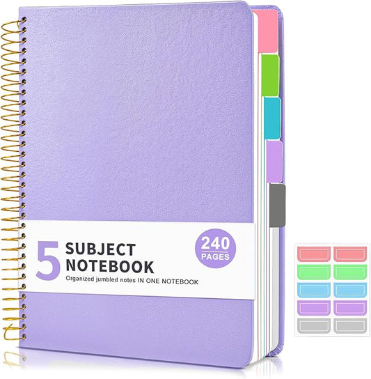 5 Subject Notebook College Ruled with Removable Pocket Dividers Tabs, 240 Pages Spiral Notebook 8.5 x 11, Lined Journal Notebook for Women , Hardcover Notebooks for Work School Note taking A4 Purple