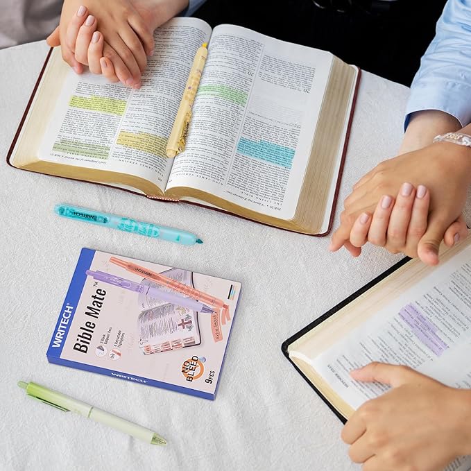 WRITECH Bible Mate Journaling Set: No Bleed Bible Highlighters & 0.7mm Black Ink Ballpoint Pens, Fast-Drying Ink, Pastel Colors Highlighter, Journaling Kit, 9ct
