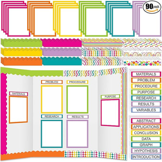 90 Pcs Science Fair Board Supplies 60 Trim Scalloped Bulletin Board Borders 24 Presentation Board Subtitles 6 Science Fair Titles for Classroom Display Boards(Colorful)