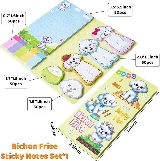 I Just Really Like Bichon Frise Sticky Notes Set, 550 Sheets, Cute Bichon Frise Self-Stick Note Pads Animal Divider Tabs Bundle Writing Memo Pads Page Marker Back to School Office Supplies Gift