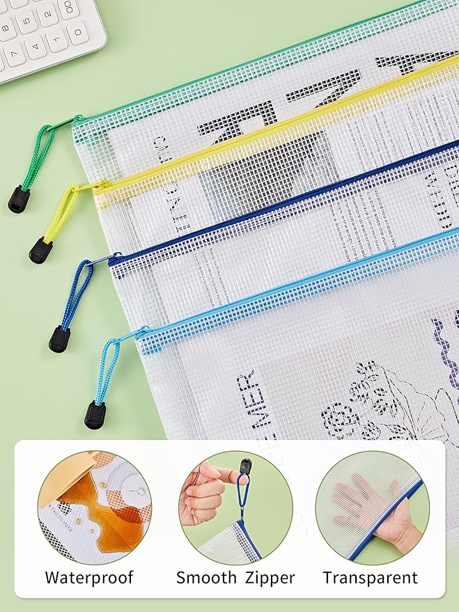 JARLINK 10 Pcs A3 Mesh Zipper Document Pouch, 10 Colors, Waterproof Plastic File Pouches for Organizing School and Office Supplies, Cosmetics, Travel Accessories