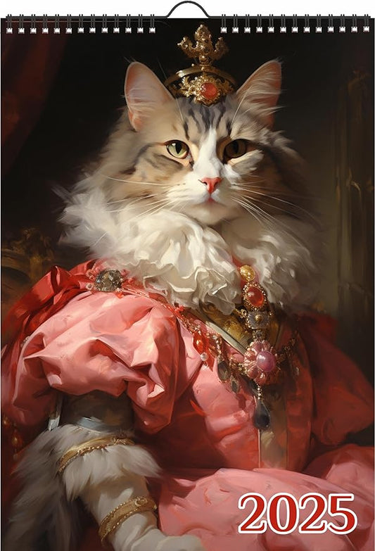 2025 Wall Calendar [12 pages 8"x12"] Queen Cats as Elegant Royal with Gorgeous Victorian Dresses Vintage Book Illustration Poster