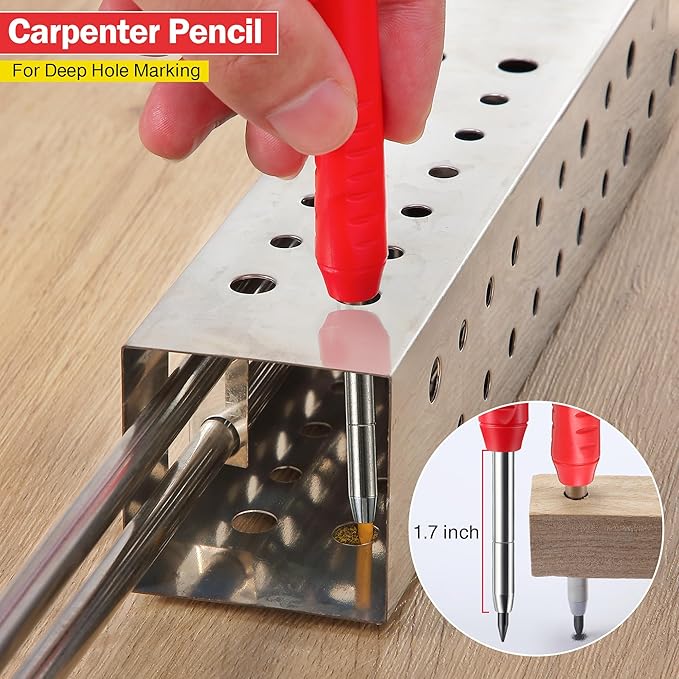 Hiboom 3 Pack Solid Carpenter Pencil with 21 Refill, Long Nosed Deep Hole Mechanical Pencil Marker with Built in Sharpener for Carpenter, Design Patent (Orange, Red, Black Cover)