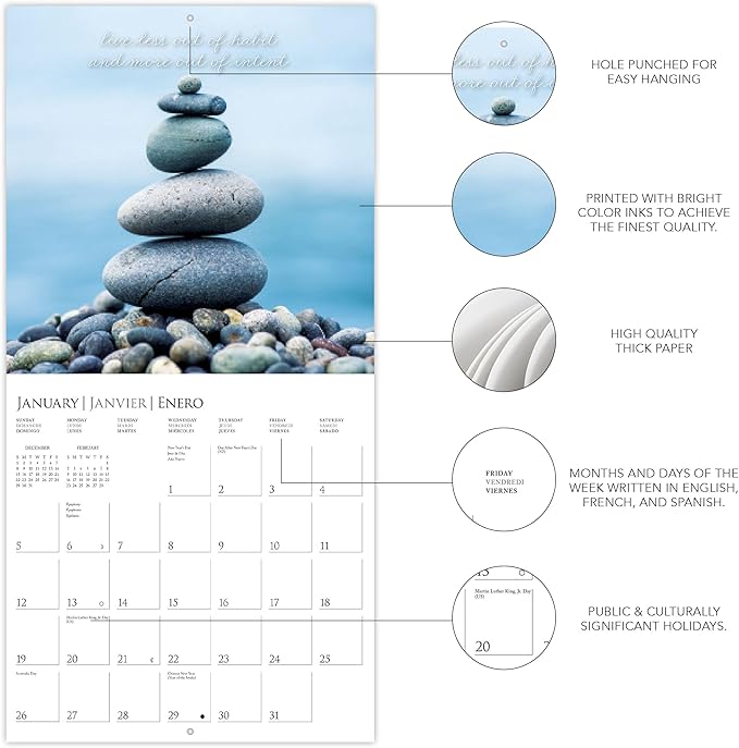 Graphique 2025 Serenity Wall Calendar | 12” x 12” | Thick Paper | Home & Office Organizer | Large Monthly Grid | 3 Languages & Marked Holidays | 4 Month Preview Page for 2026