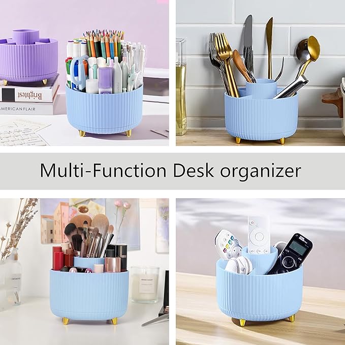 Blue Desk Accessories, Blue Office Supplies 360°Pen Holder Desk Organizers and Accessories with Tape Dispenser, Stapler, Staple Remover, 1000 Staples, Tape, Clips Set, Ruler, Scissor, Pen